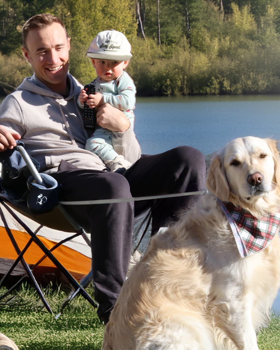 Dog at a campsite secured with a retractable dog leash for camping