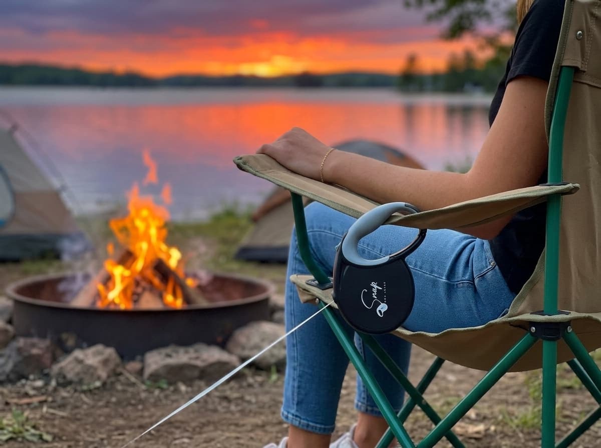 Retractable dog leash for camping clipped to a camp chair at a campsite