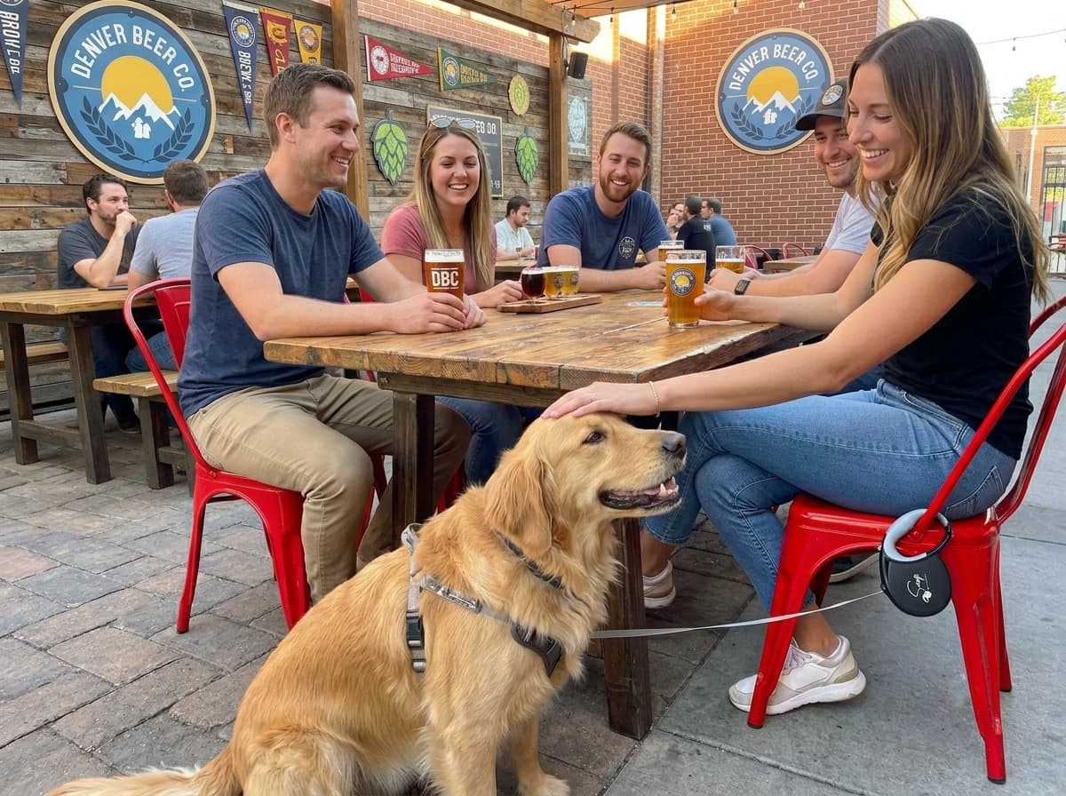 Dog at a dog-friendly brewery beside the Snap Dog Leash retractable dog leash clipped to a chair
