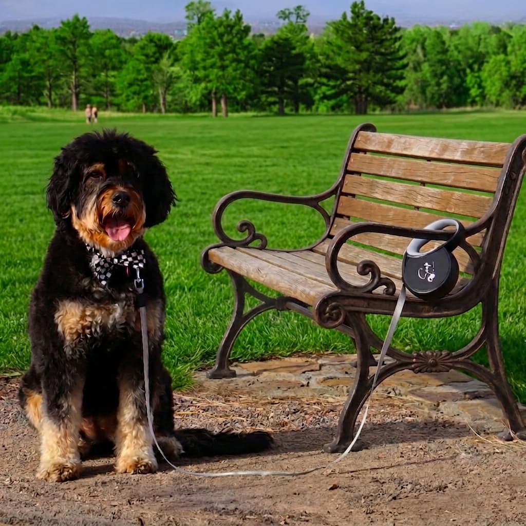 Dog leash clipped to a park bench while the dog relaxes nearby