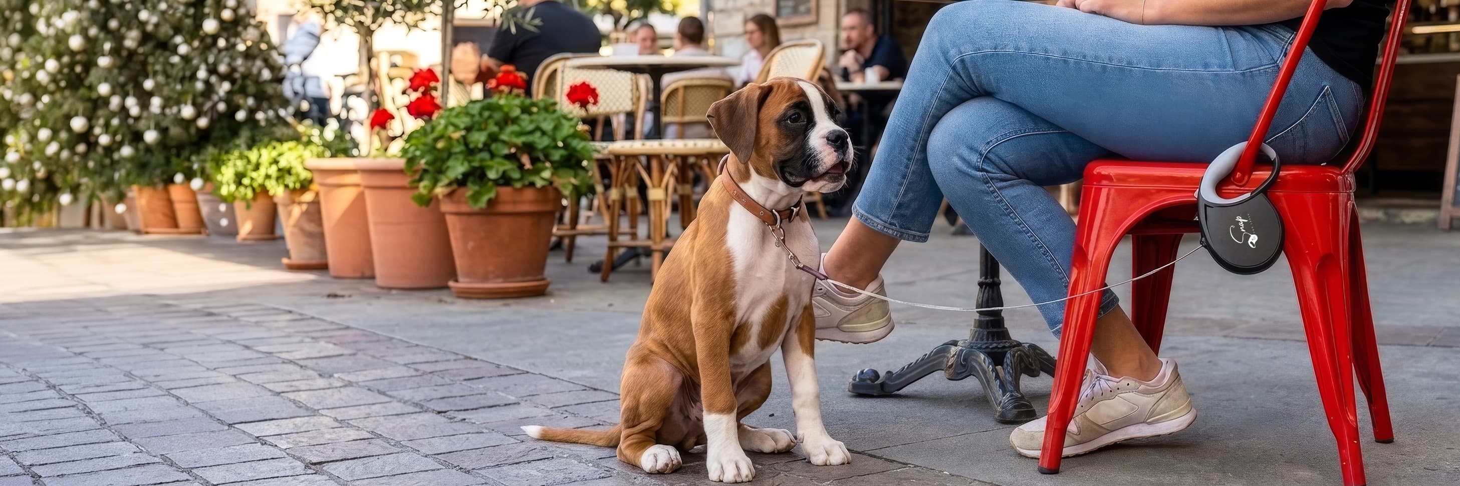 Snap Dog Leash retractable dog leash with built-in clip snapped to a chair